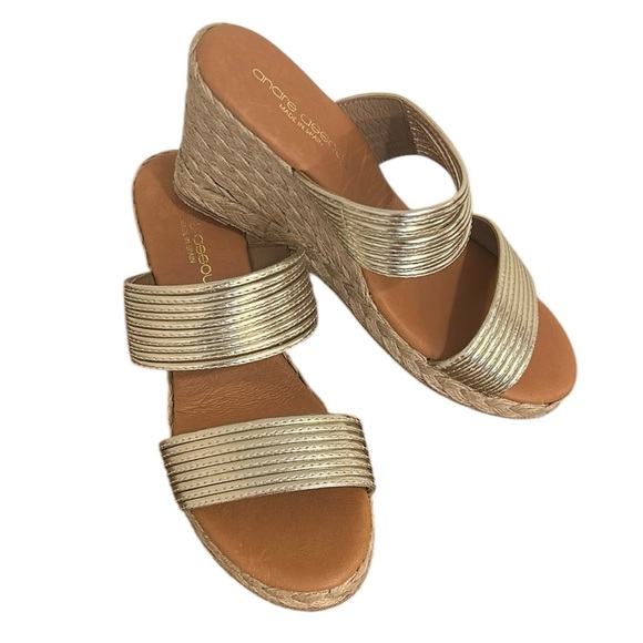 Andre Assous Gold Espadrille Wedge Sandals - Picture 1 of 14